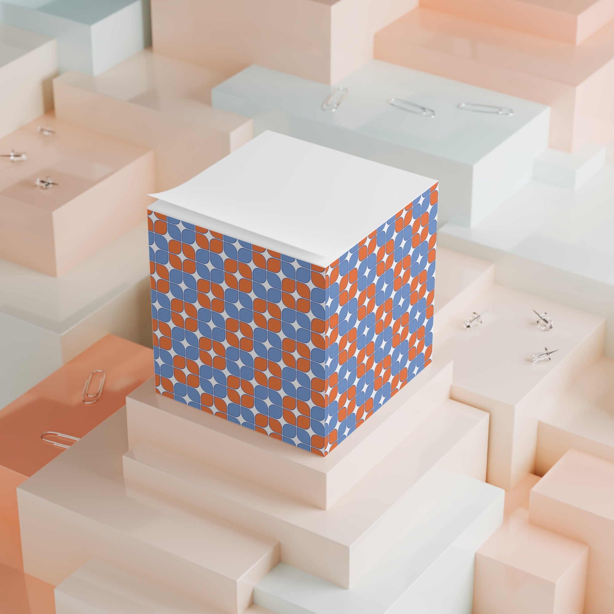 Geometric Retro Note Cube — Orange & Blue Patterned Sticky Notes