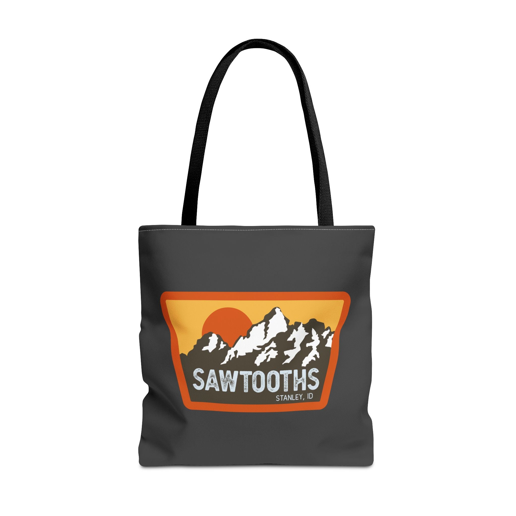 Sawtooths Mountain Tote Bag – Retro Sunset Hiking Graphic Tote
