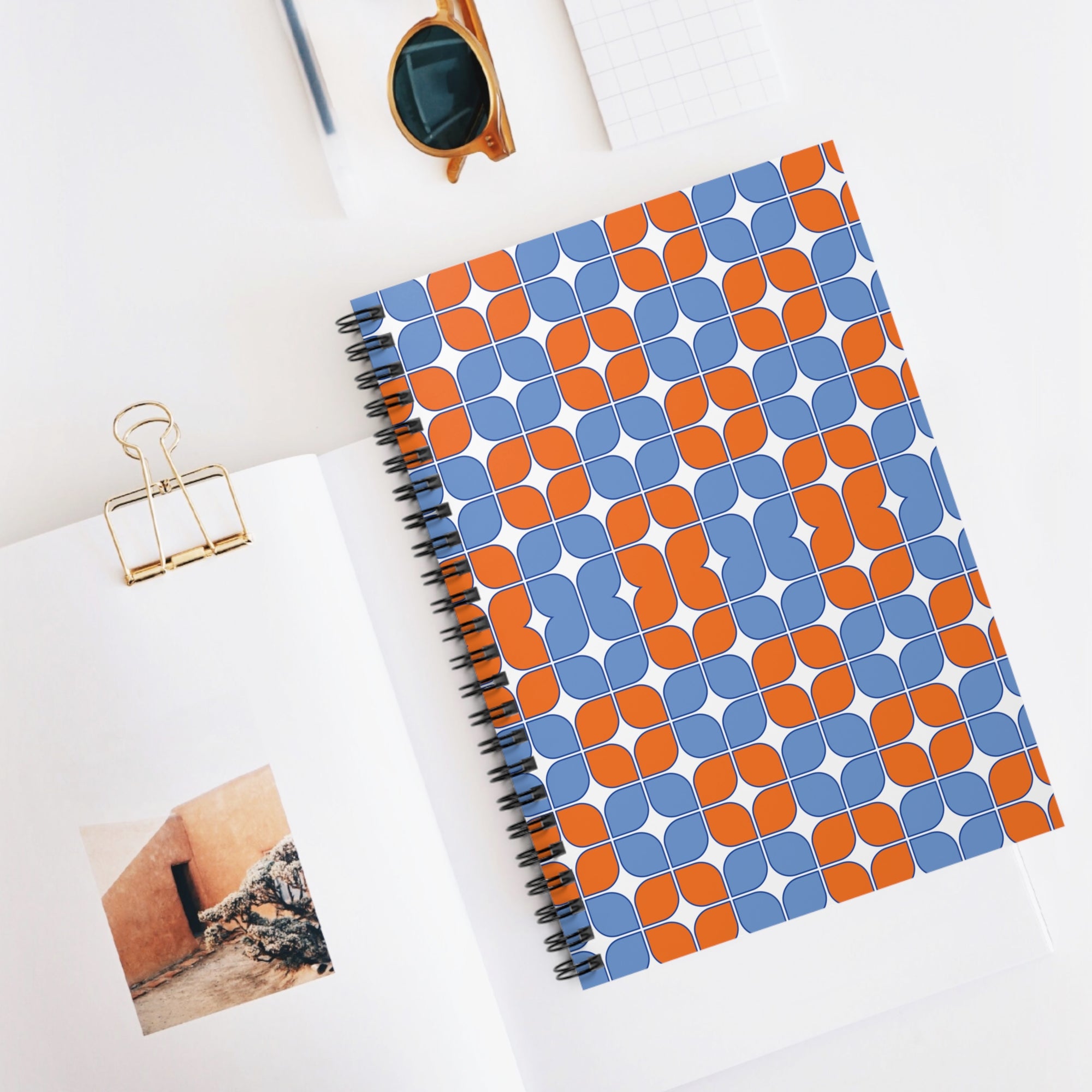 Retro Geometric Spiral Notebook — Orange & Blue Patterned Ruled Journal