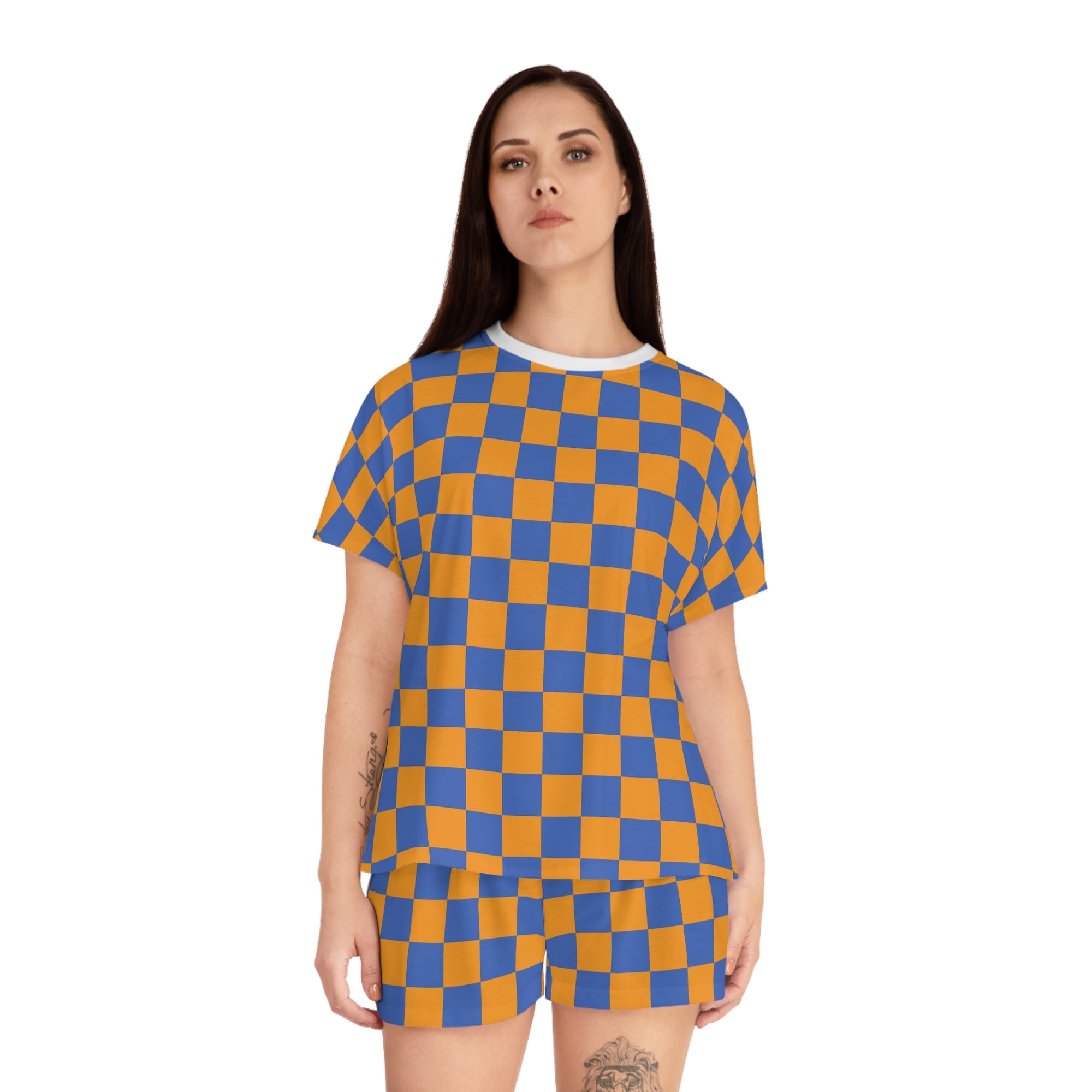 Checkerboard Short Pajama Set — Women's Cozy Blue & Orange Sleepwear