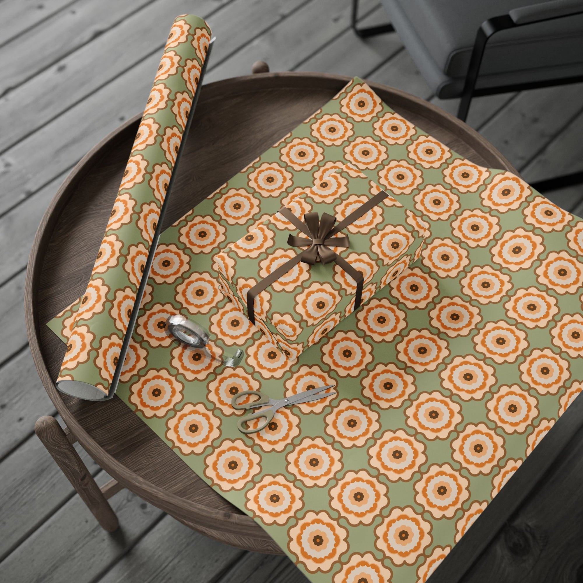 Retro Floral Wrapping Paper Roll — Vintage Orange & Olive Gift Wrap