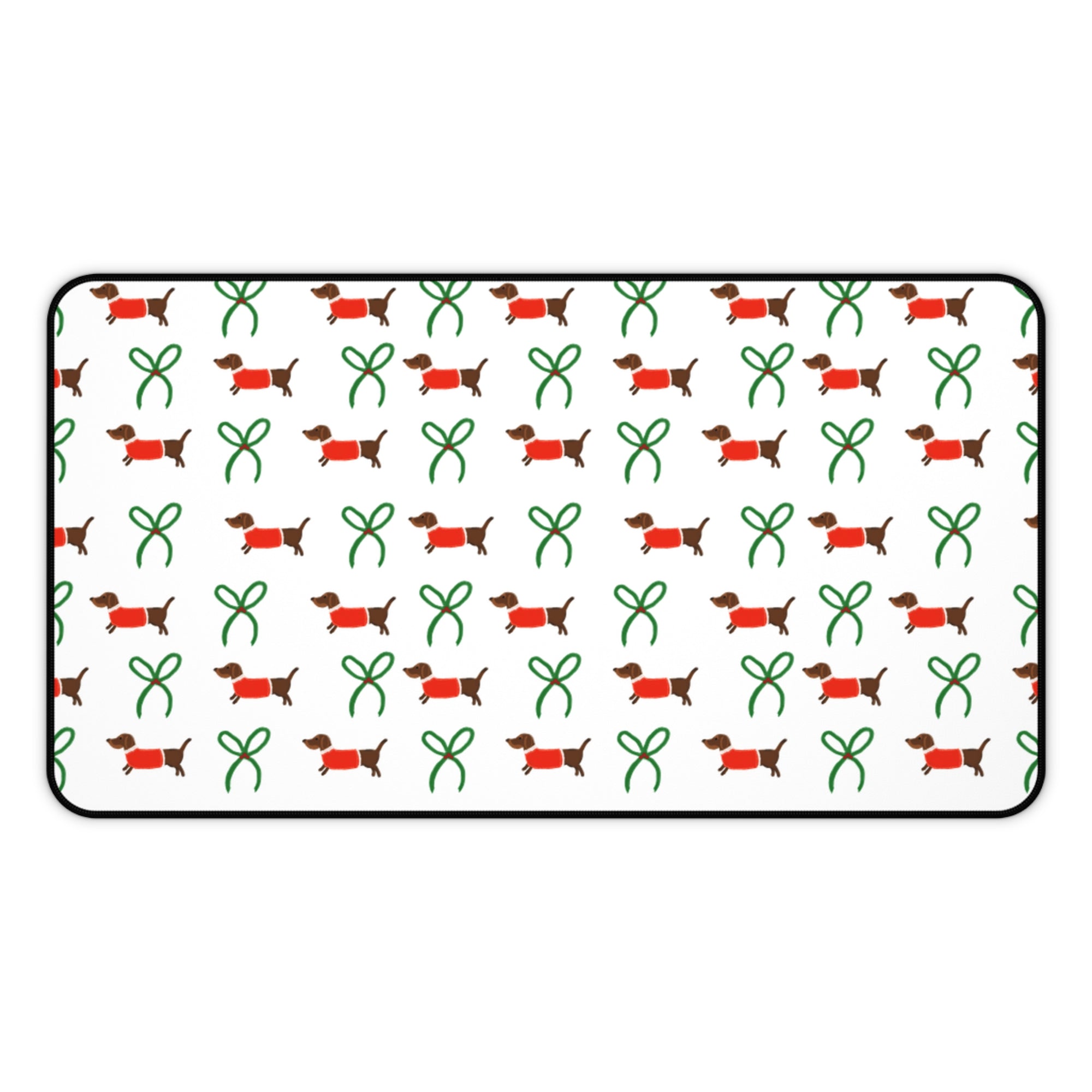 Weiner Dog Desk Mat — Cute Red Teckel & Green Bow Christmas Mousepad