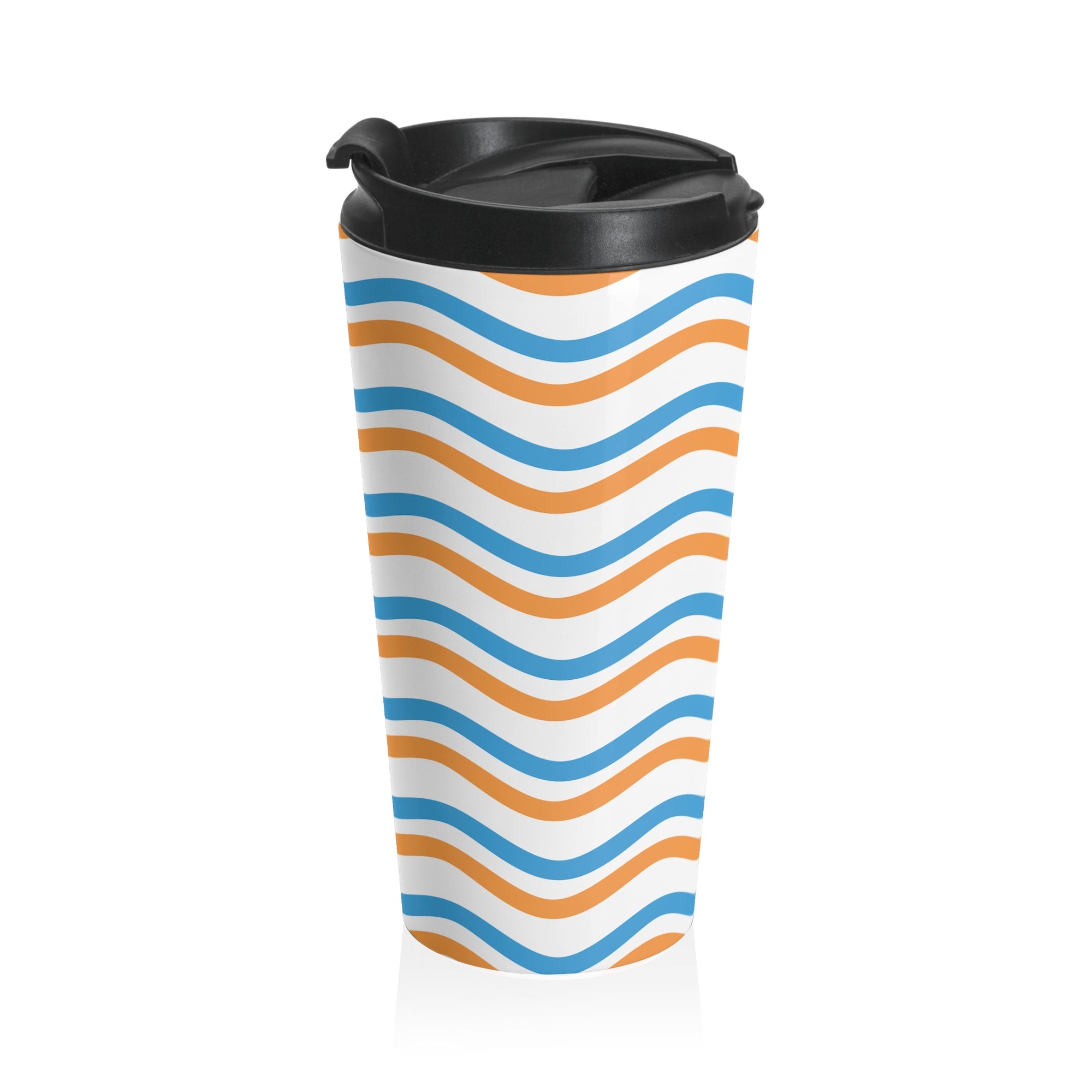 Wavy Stripes Stainless Steel Travel Mug — Blue & Orange Retro Beach Vibe