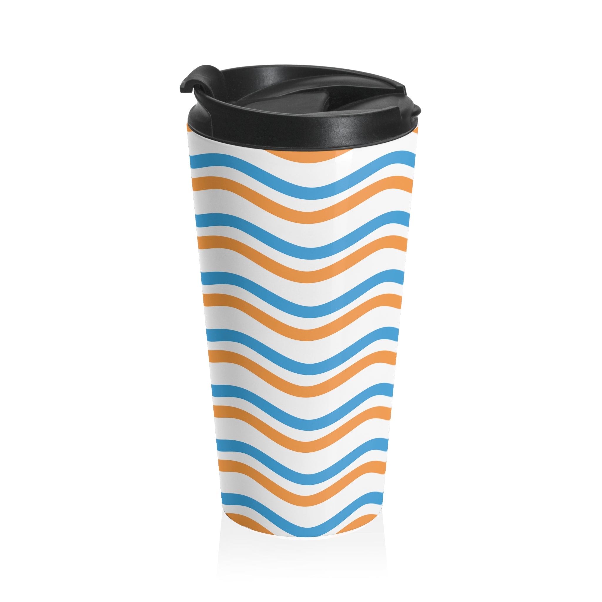 Wavy Stripes Stainless Steel Travel Mug — Blue & Orange Retro Beach Vibe