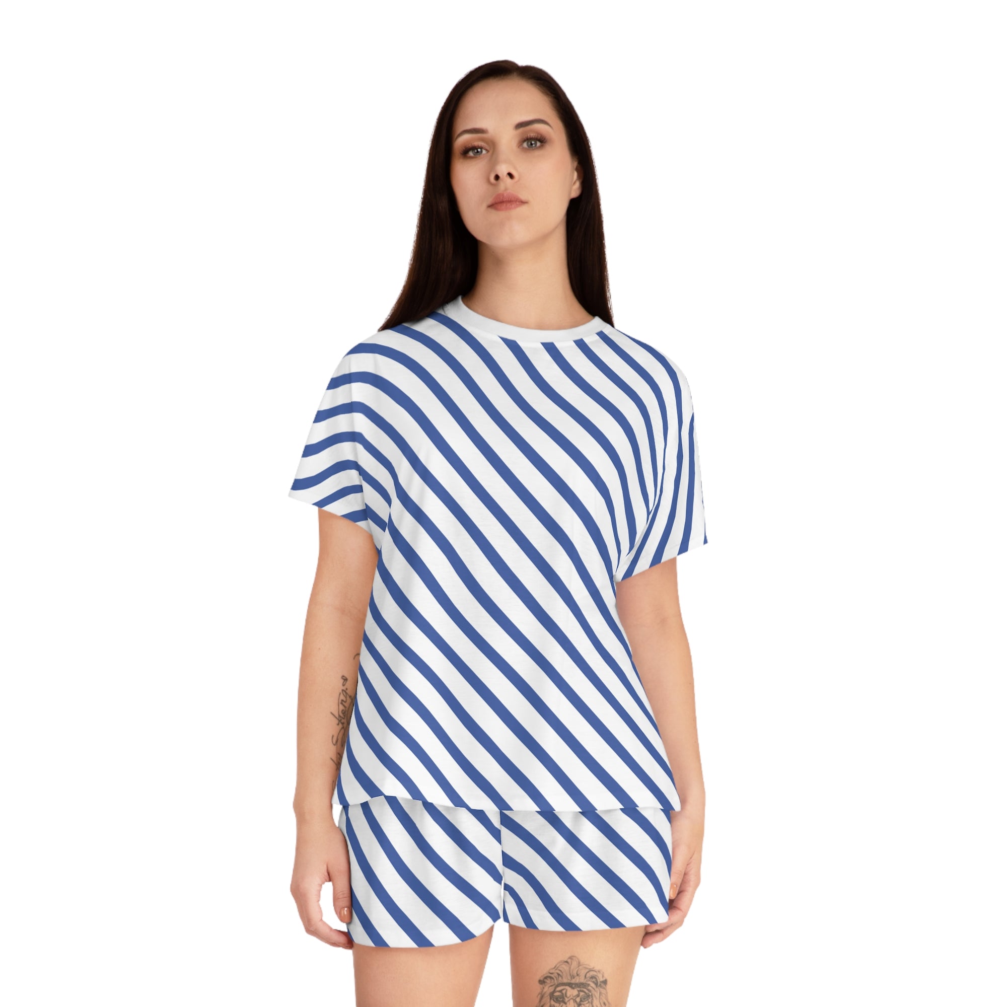 Women's Blue Diagonal Stripe Pajama Set - Short Sleepwear Lounge Set