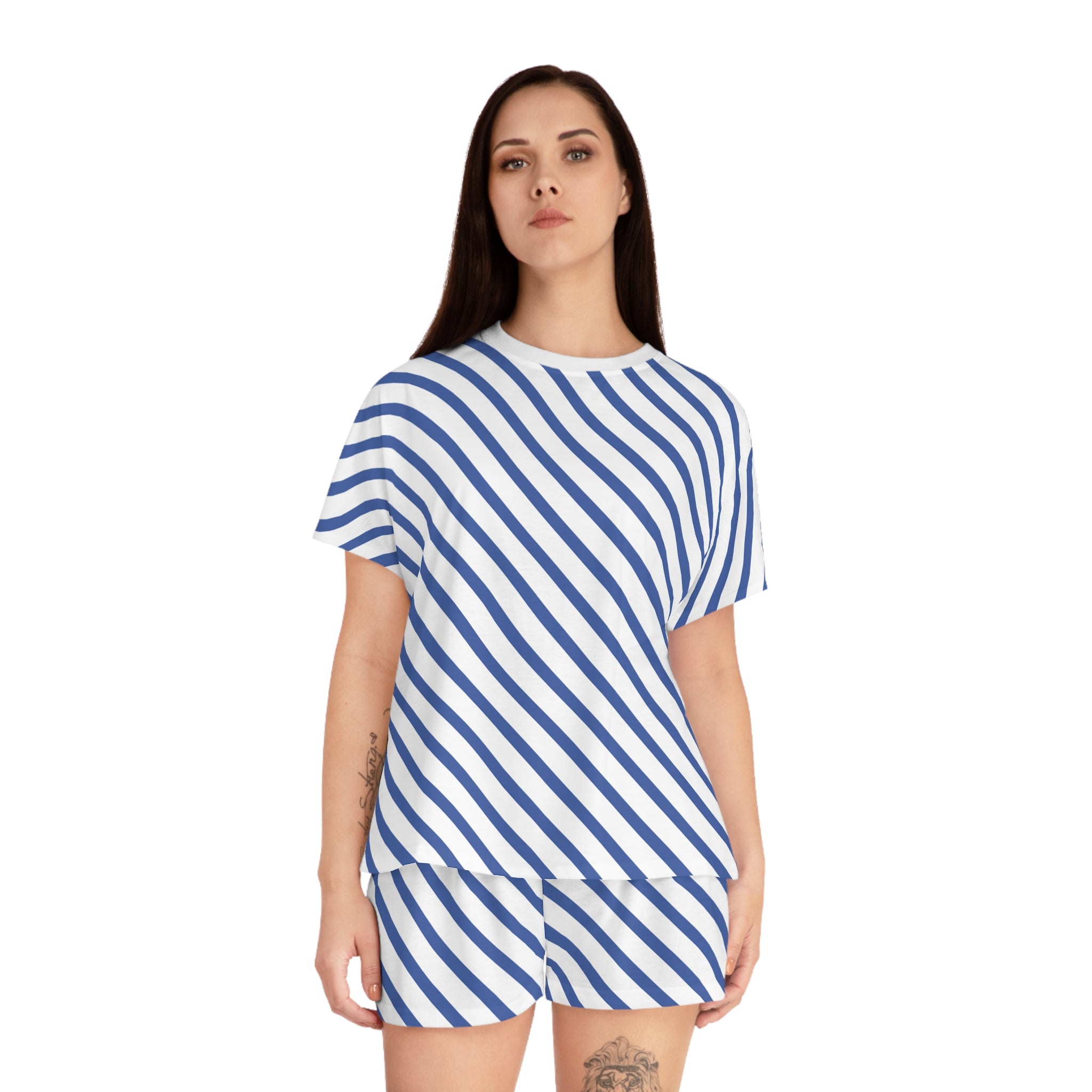 Women's Blue Diagonal Stripe Pajama Set - Short Sleepwear Lounge Set