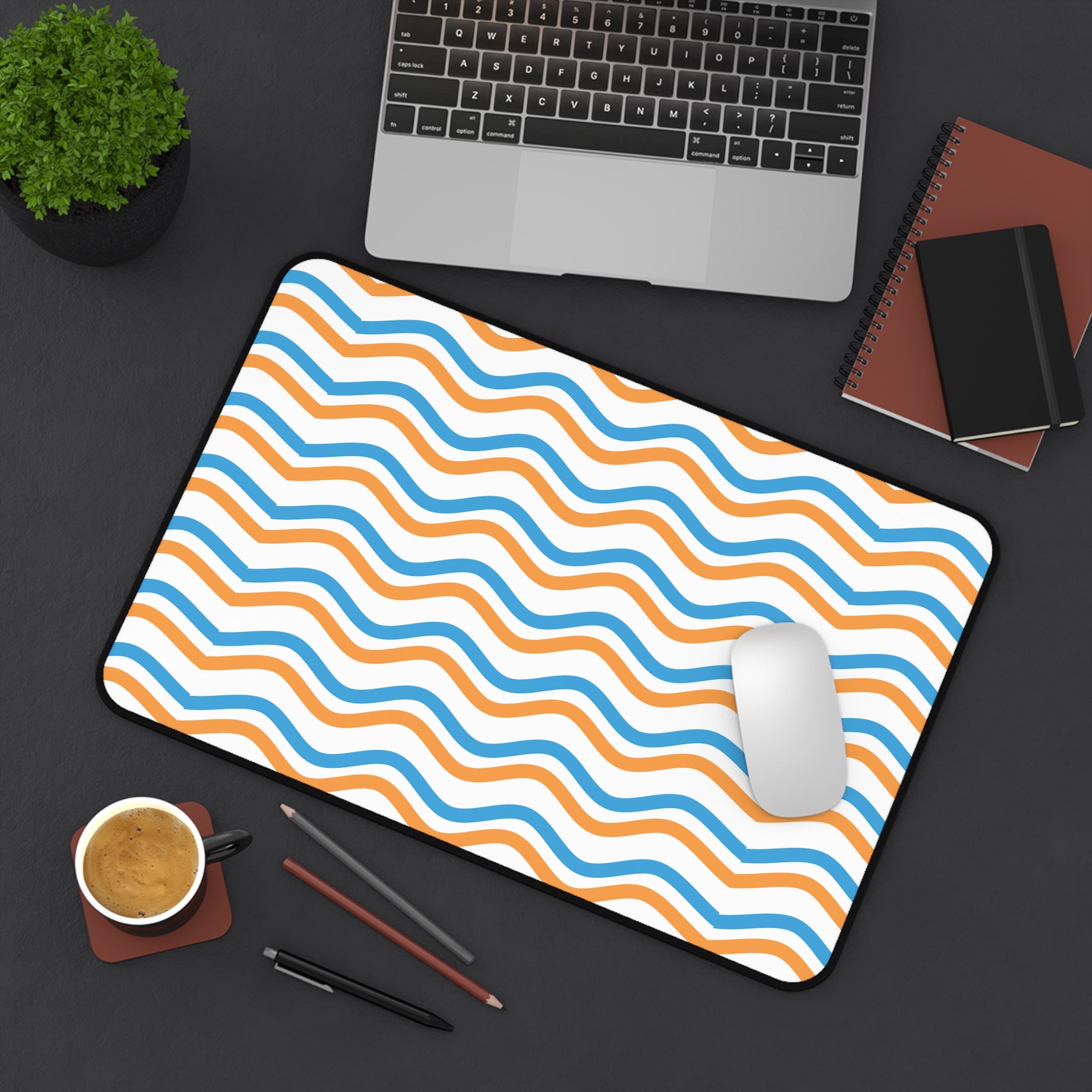 Wavy Orange & Blue Desk Mat — Modern Office Mouse Pad