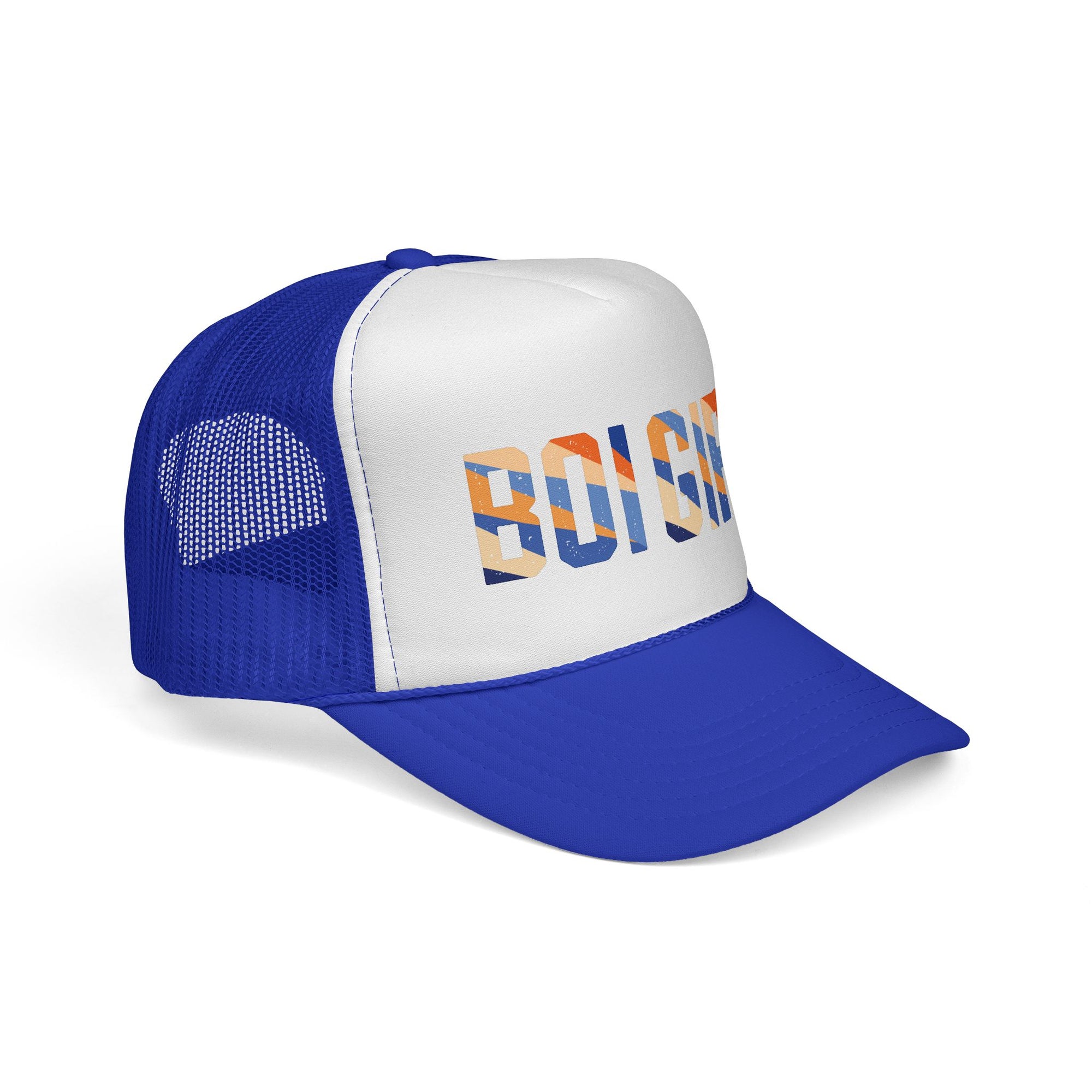 Boi girl Trucker Cap — Retro Blue Stripes Graphic Truckers Hat