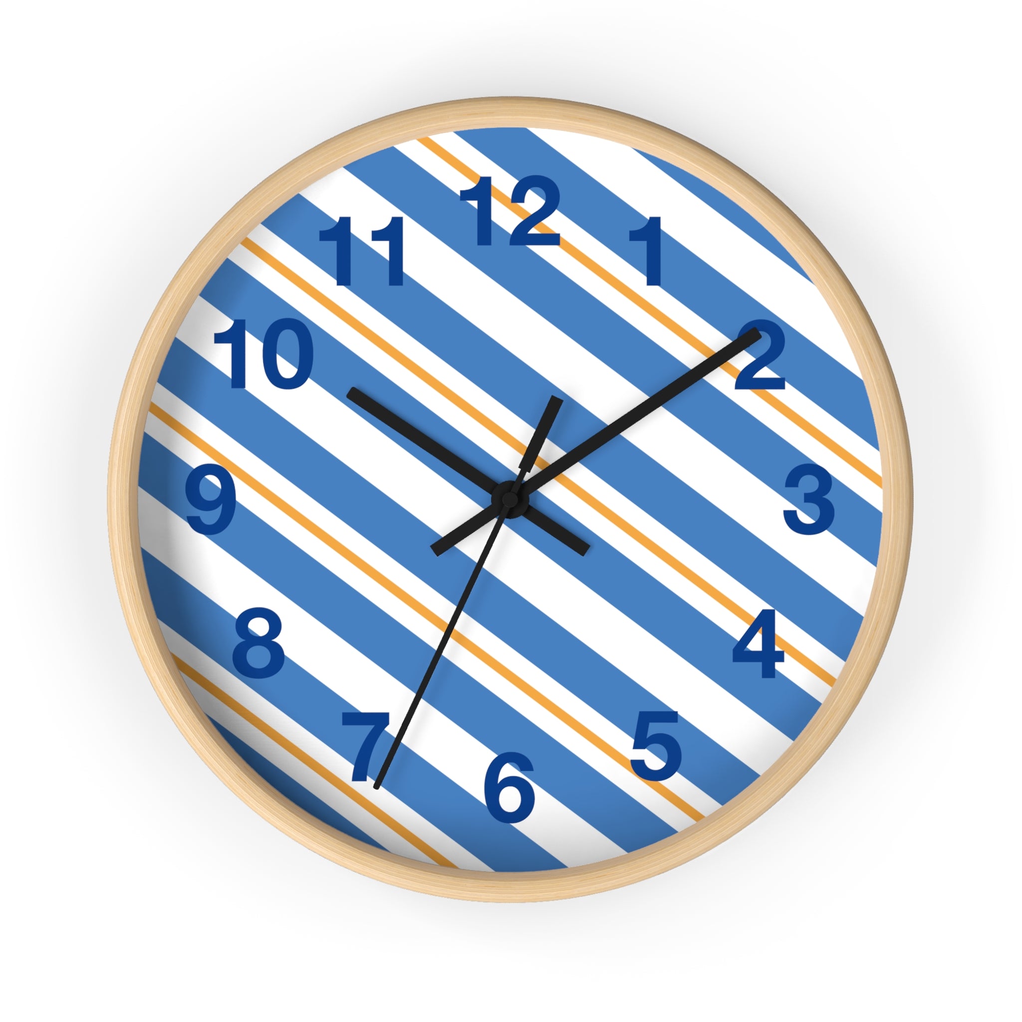 Diagonal Blue & Orange Striped Wall Clock — Modern Nautical Home Decor