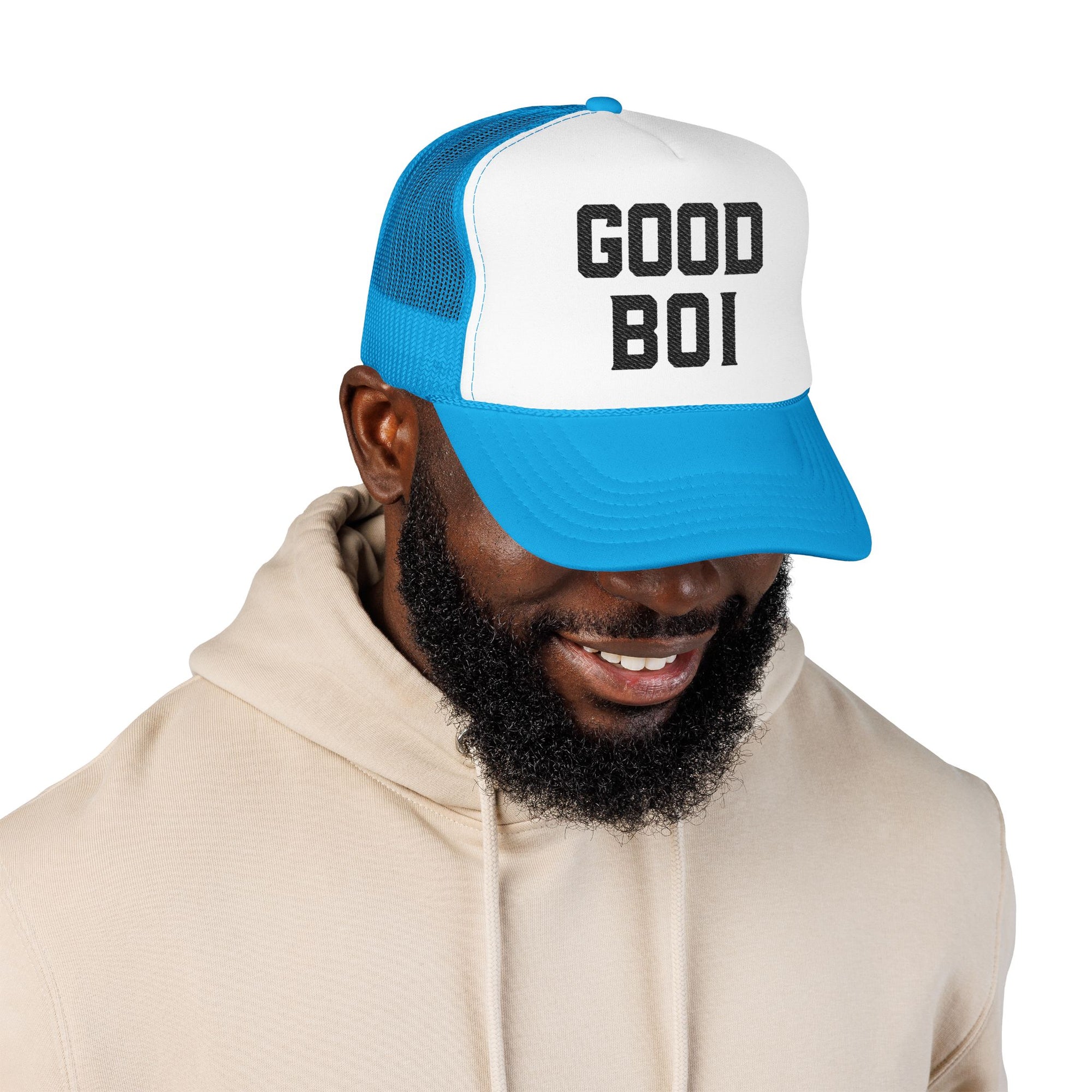 Good Boi Embroidered Trucker Hat — Classic Foam Mesh Cap