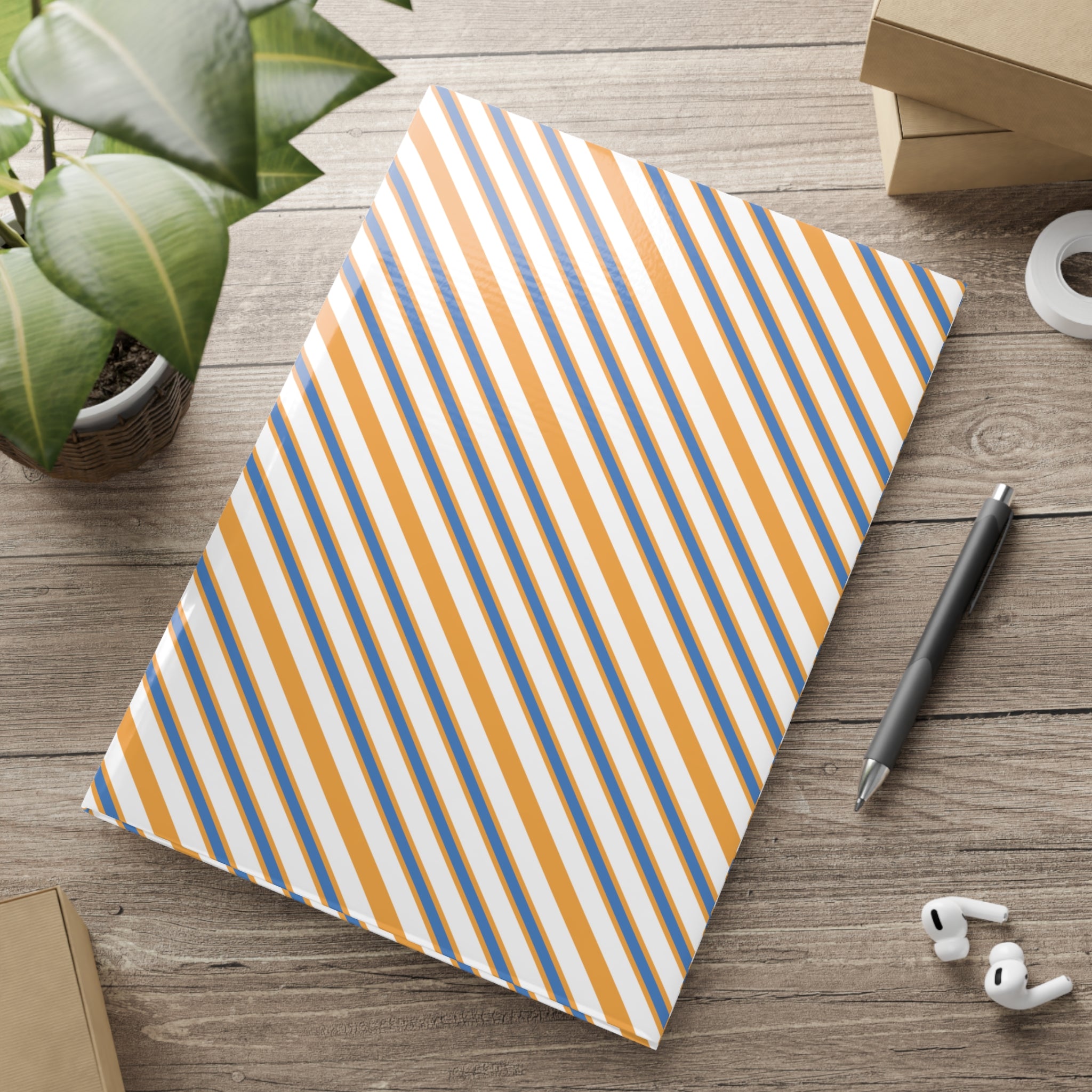 Striped Hardcover Notebook — Orange & Navy Diagonal Pattern