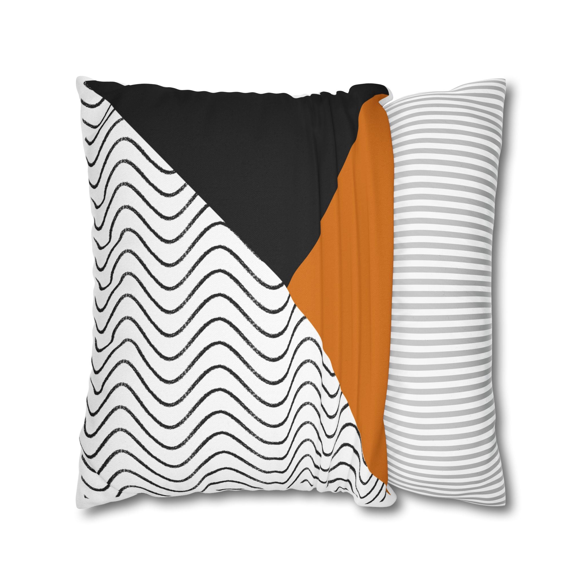 Geometric Wave Accent Pillowcase — Black, White & Orange Modern Square Throw Pillow Cover