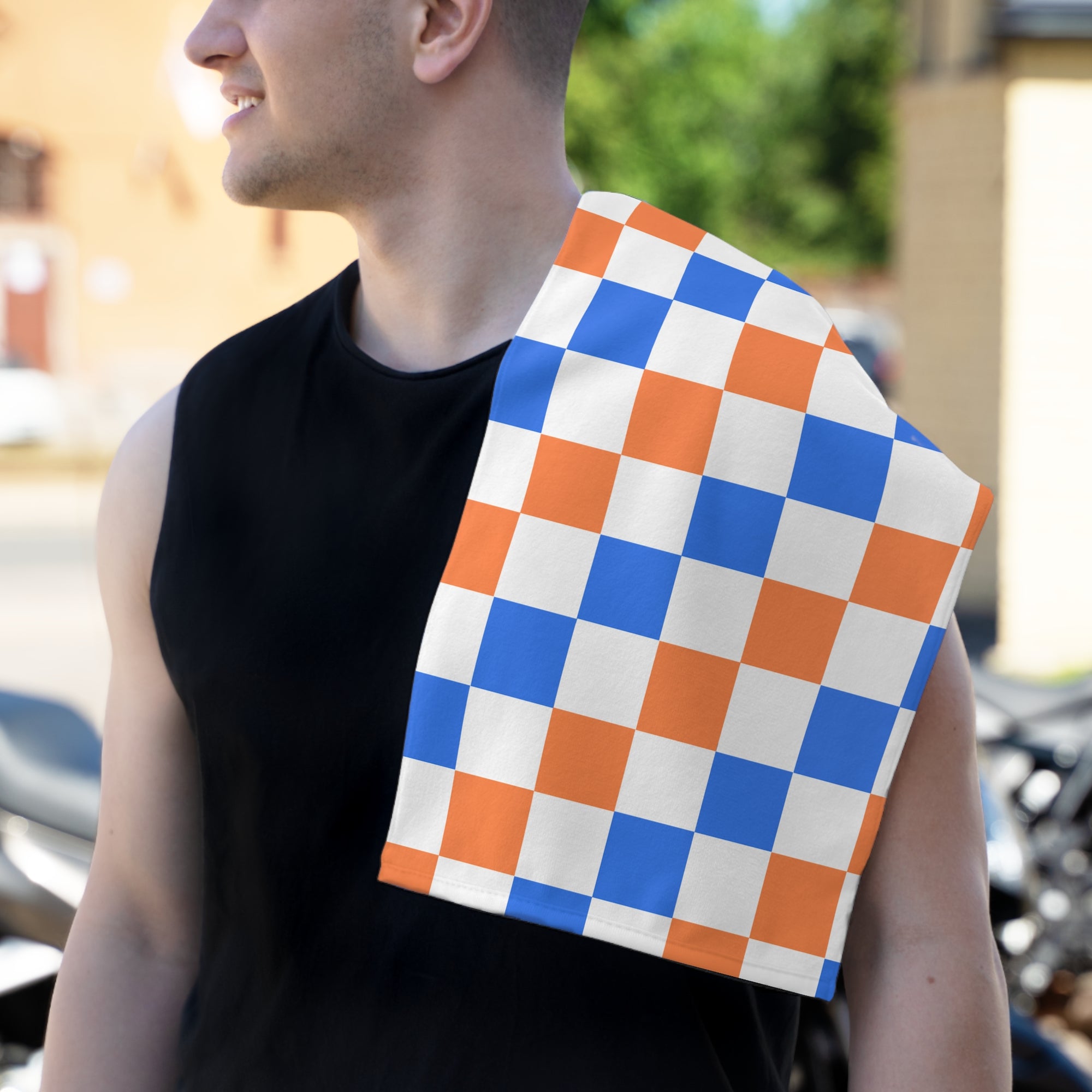 Blue & Orange Checkered Rally Towel — 11x18 Sports Fan Towel