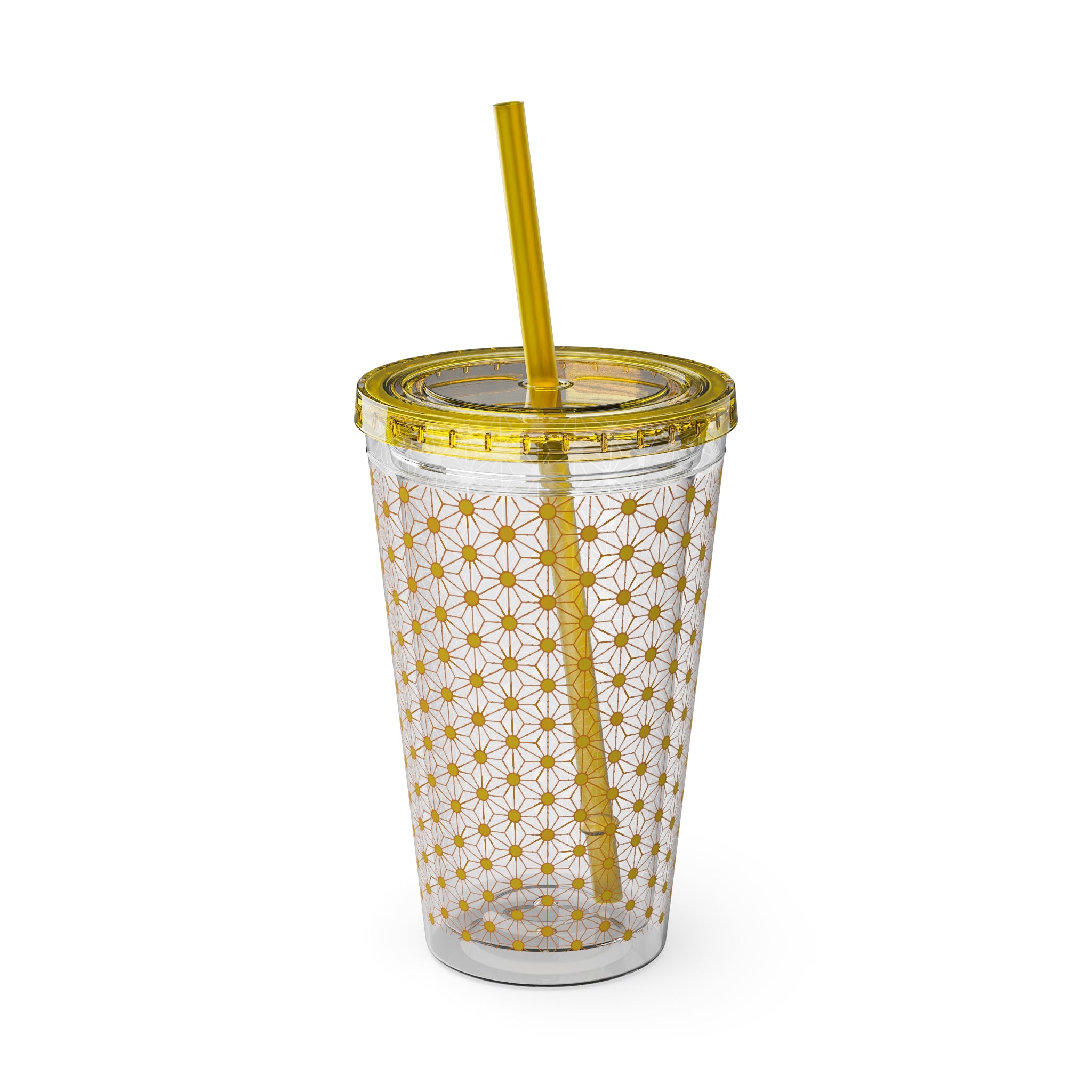 Sunsplash 16oz Tumbler with Straw – Retro Yellow Daisy Pattern, Insulated Cold Cup