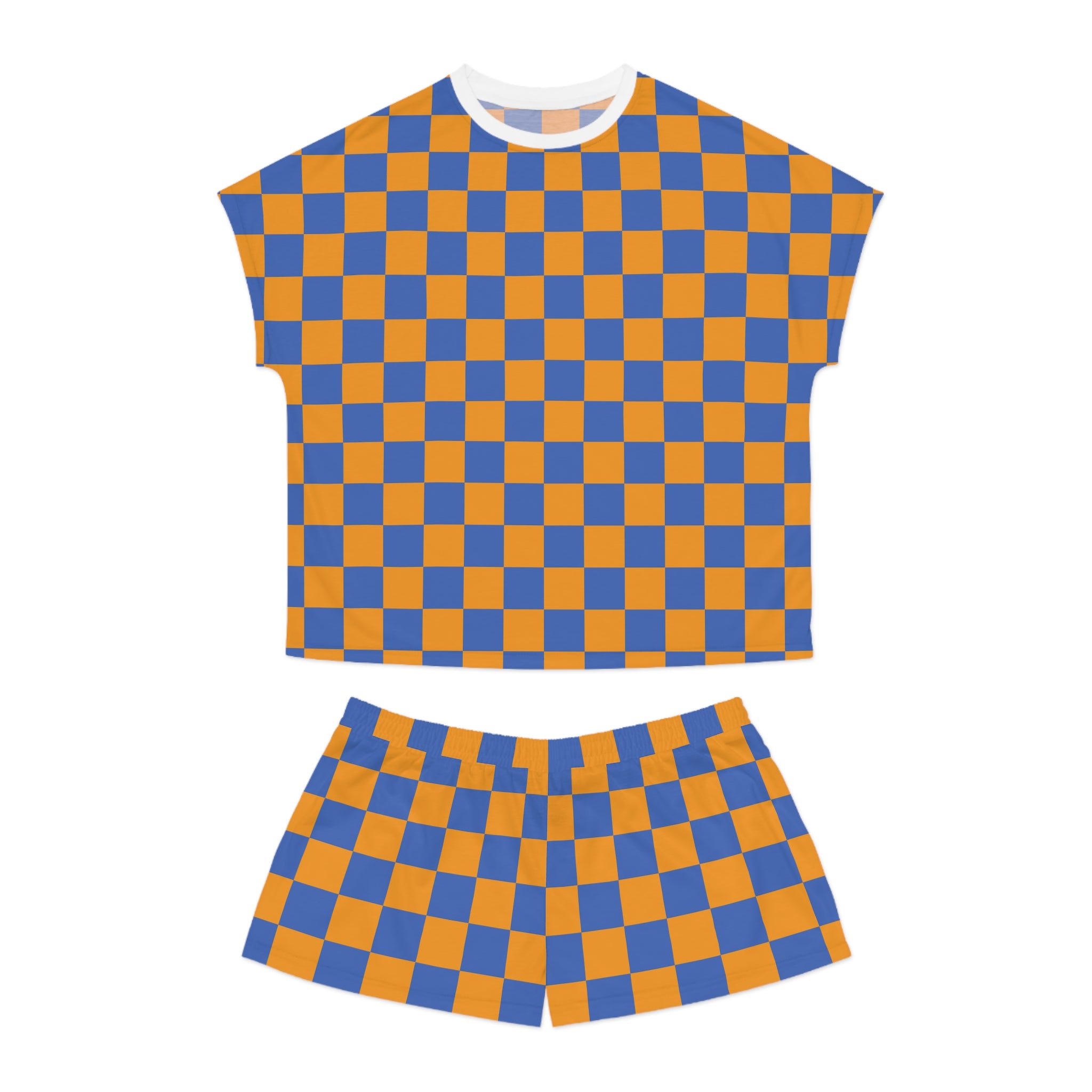 Checkerboard Short Pajama Set — Women's Cozy Blue & Orange Sleepwear