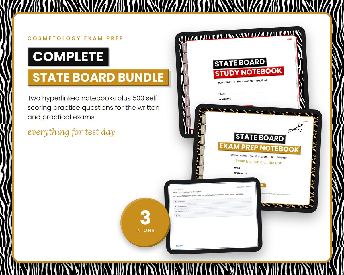 Cosmetology state board exam prep bundle, Zebra and Gold Clips
