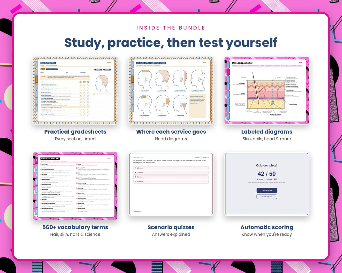 Cosmetology State Board Exam Prep Bundle - 80s Retro + Atomic Blue