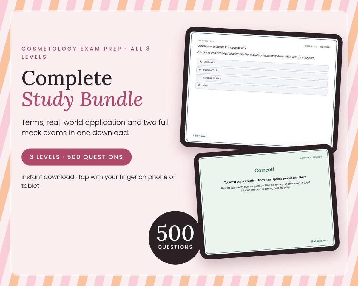 Cosmetology State Board Complete Study Bundle, 3 levels, 500 questions