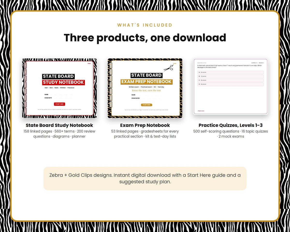 Cosmetology State Board Exam Prep Bundle - Zebra + Gold Clips