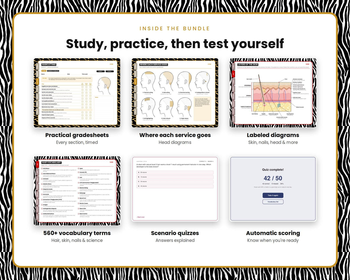 Cosmetology State Board Exam Prep Bundle - Zebra + Gold Clips