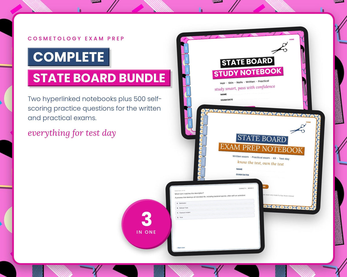 Cosmetology state board exam prep bundle, 80s Retro and Atomic Blue