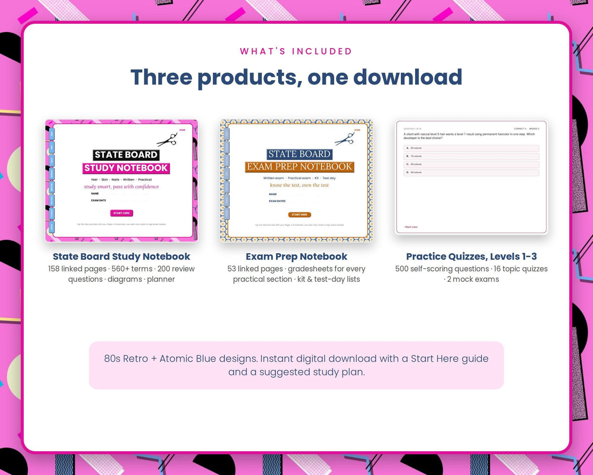 Cosmetology State Board Exam Prep Bundle - 80s Retro + Atomic Blue