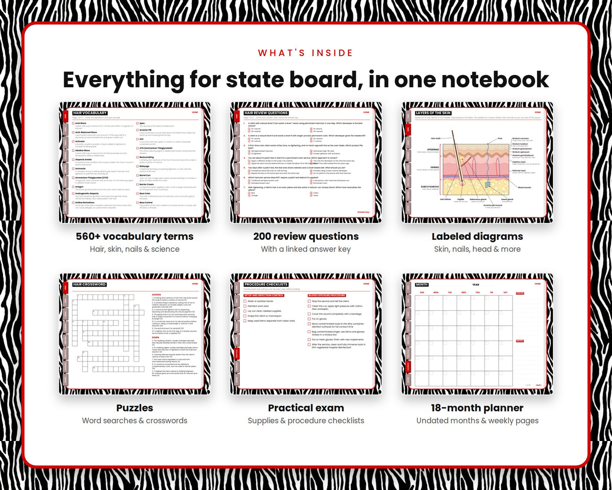 Cosmetology State Board Study Notebook – Zebra